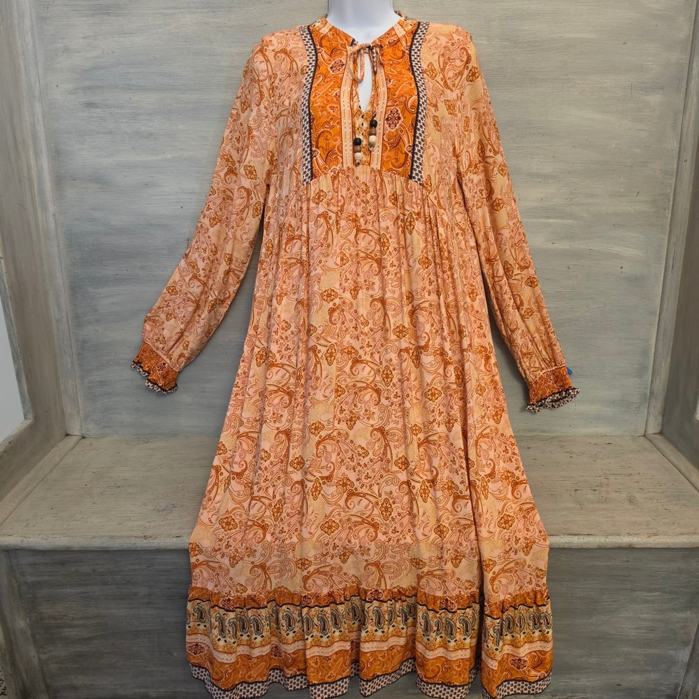 Umgee Multicolor Paisley Print Empire Waist Boho Peasant Midi Dress Medium GC